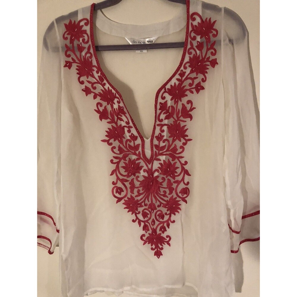 Ella Moss Embroidered Tunic or Swim Cover-up Pink Rose Floral Size XS